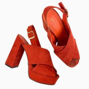 BAMBOO Chunky Platform Faux Suede Rust Slingback Heels